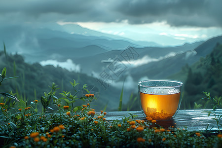 山茶属植物中的一杯茶插画