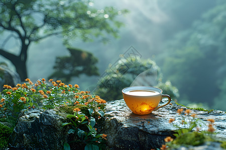 野生茶树石头上的一杯茶插画
