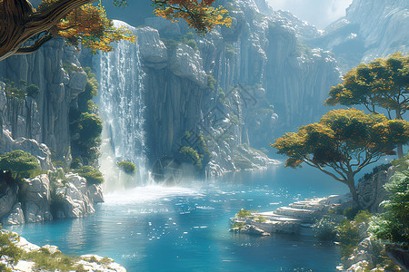 山水间瀑布背景图片