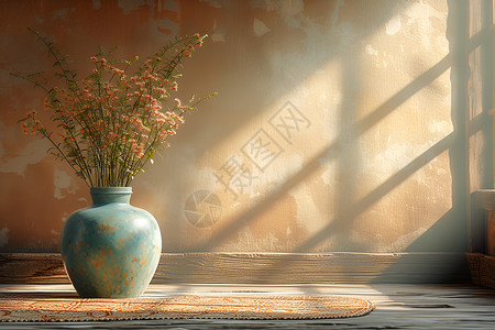 手绘花朵植物花纹花瓶前的怀旧窗景背景