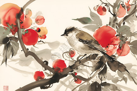 是红花朵素材红果枝上的一只小鸟插画