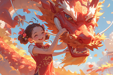 少女与中国红龙背景图片