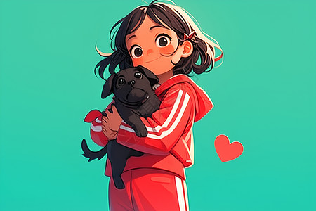 小女孩与黑色小狗背景图片