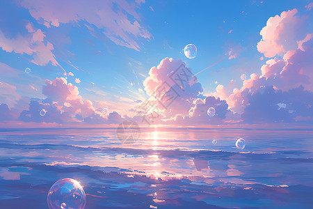 云朵气泡海洋气泡与夕阳插画