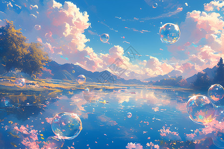 天空湖水缭绕星幻的湖畔插画