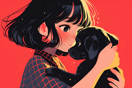 抱着狗小女孩小女孩抱着一只小狗插画