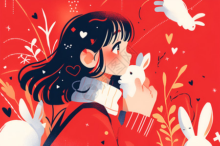 红衣少女与可爱兔子背景图片
