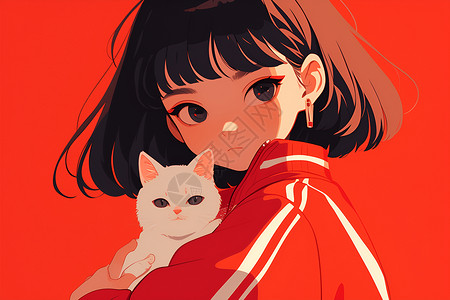 红背景下女孩抱着一只白色小猫背景图片