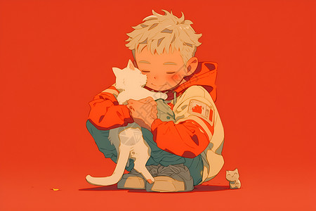 男孩与小猫玩耍背景图片
