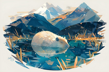宁静之中的湖中泳动的北极熊高清图片