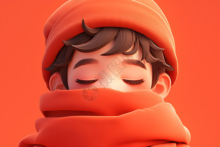 女冬装戴着红围巾的男孩闭着眼插画