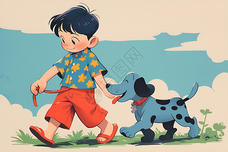 男孩牵着一只狗散步高清图片