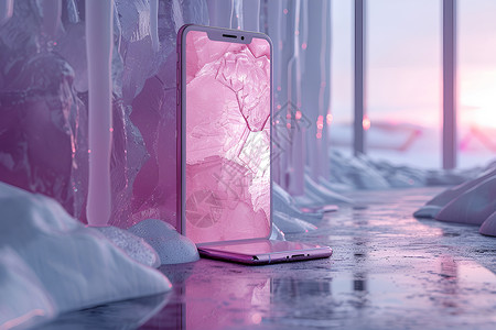 梦幻冰雪冰雪中的粉色手机插画