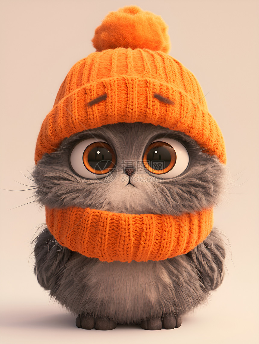 毛茸茸的小猫戴着橘色帽子图片
