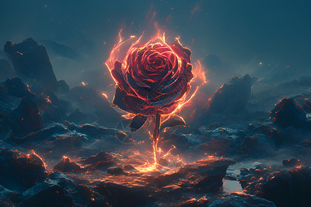 花朵火焰熔岩中绽放的冰玫瑰插画
