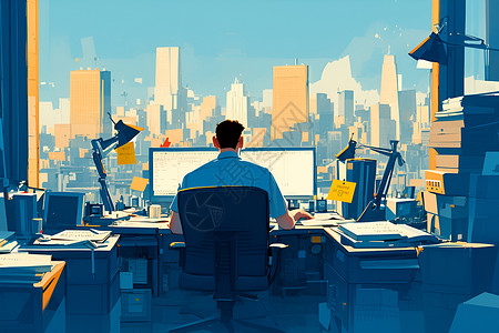 办公电脑桌工作中的男人插画