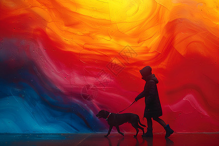 背景墙壁画狗主人走在画满彩色云朵前插画