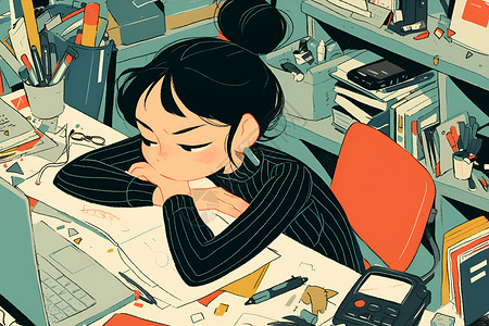 休息的女人趴在办公桌休息的女孩插画
