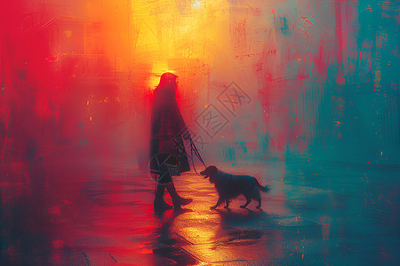 雨中散步的人和狗图片