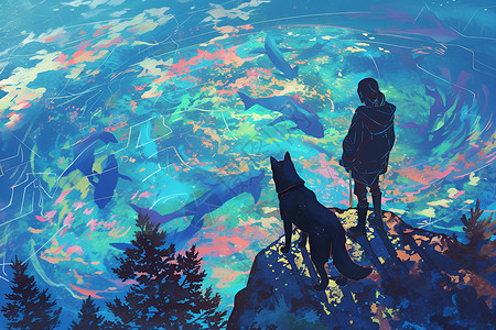混合色彩山顶赏鱼的人和狗插画
