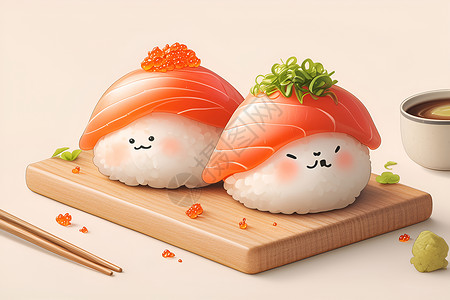 三文鱼美食案板上的卡通寿司插画