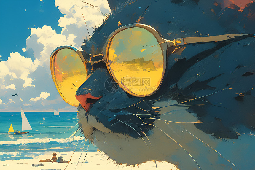 海滩上戴着墨镜的猫图片