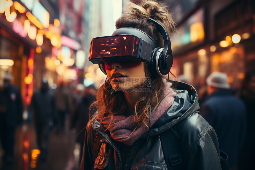 城市街道上戴着头戴式VR眼镜的女人图片