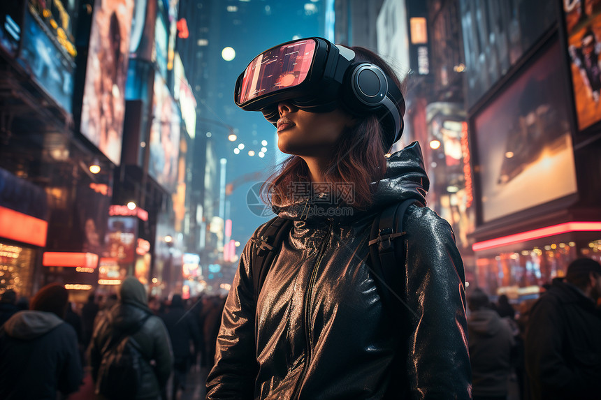 未来之城穿戴虚拟现实眼镜的女子图片