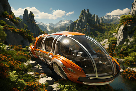 未来飞行汽车在山上背景图片