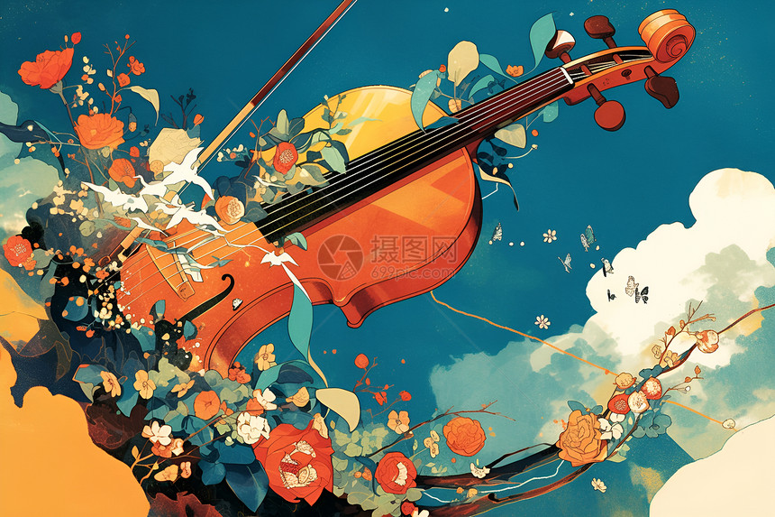 花丛里的小提琴图片