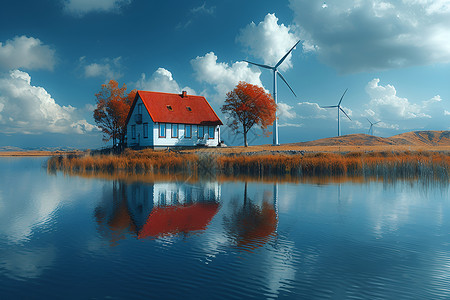 风车小屋湖畔的房子和风车背景