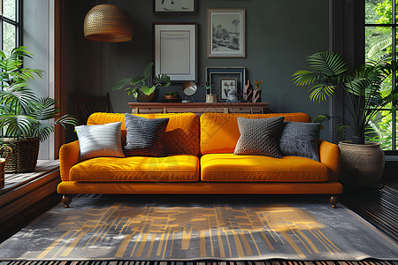 沙发黄色沙发温馨的中世纪风格客厅背景