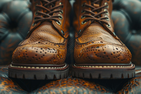 皮靴一双皮靴的特写镜头展示了材质的纹理和耐用性高清图片