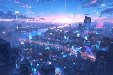 紫色天空下的未来城市高清图片