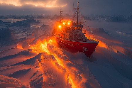 搁浅的船冰雪中前进的船插画