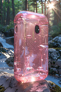 林间岩石上的粉色手机壳背景图片