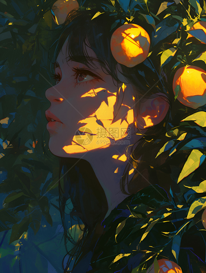 阳光透过树叶照在女人脸上图片