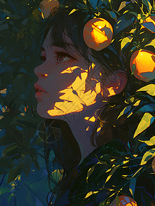 阳光透过树叶照在女人脸上背景图片
