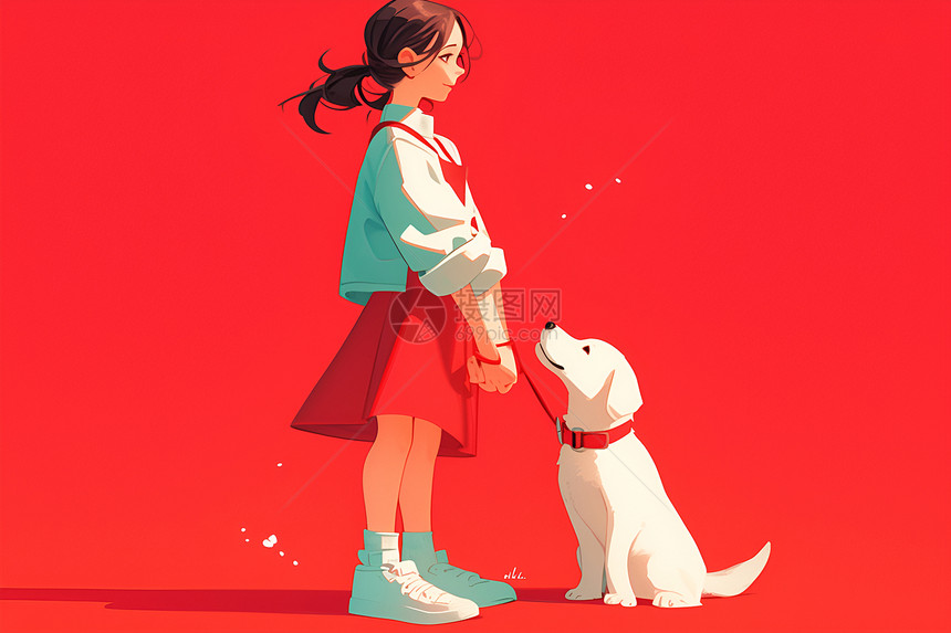 红色背景下女孩和小狗图片