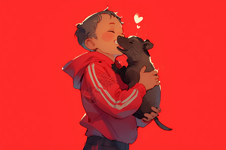 卡通男孩穿着运动服抱着宠物狗背景图片