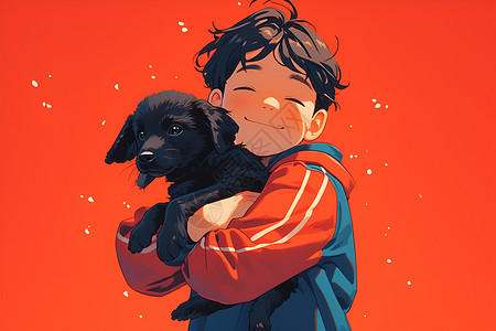 抱泳圈小男孩小男孩抱着黑色小狗插画