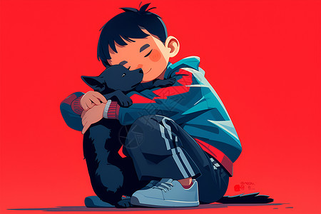 黑色的小狗可爱的卡通男孩和黑色小狗插画