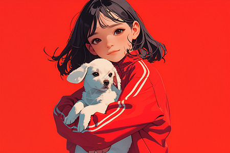 少女与小狗在红色背景下背景图片