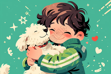 抱著寵物抱着小狗的男孩插画