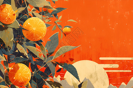 枝干上的橙子插画高清图片