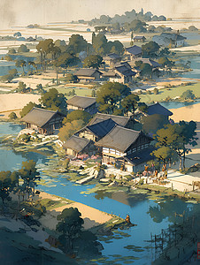绘画的茅草屋和小溪背景图片