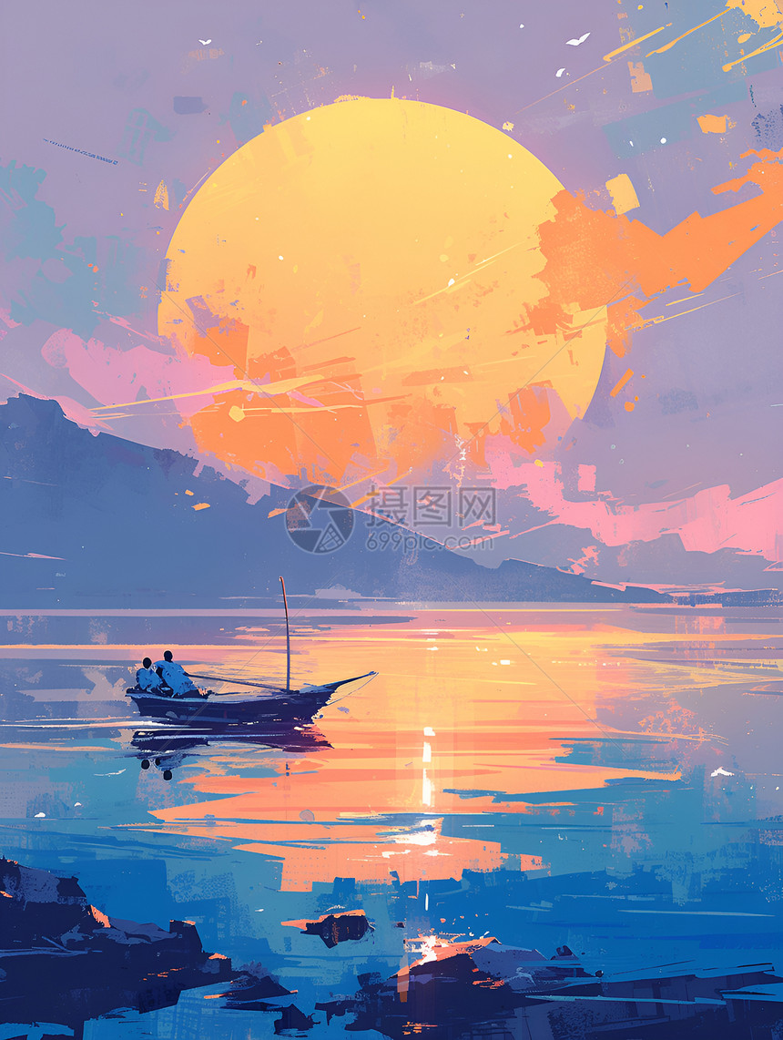 日落时湖泊上的船只图片