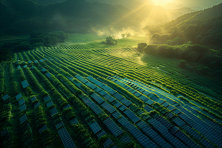 户外太阳能户外田野中的太阳能板插画