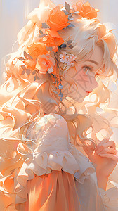 女性头发素材头上橘色花朵的女性插画