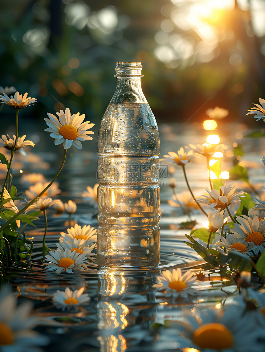 水瓶与漂浮的雏菊图片
